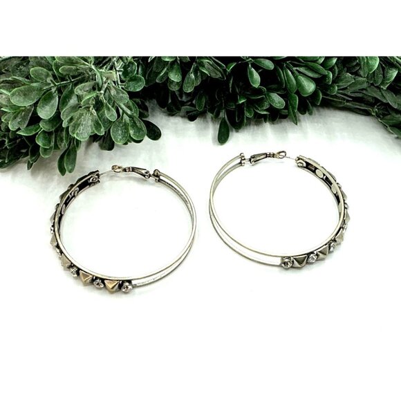 Silver Tone Hoop Earrings With Rhinestone and Stud Detailing - Picture 5 of 6
